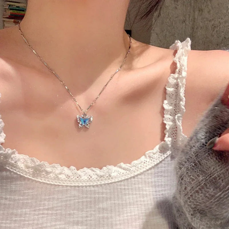 Blue Crystal Butterfly Necklace - Kouttor Soliman