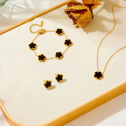 3 pieces stainless steel five-leaf necklace, bracelet, earrings - Kouttor Soliman