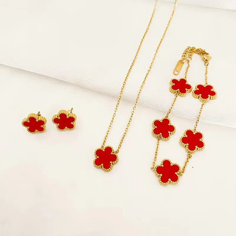 3 pieces stainless steel five-leaf necklace, bracelet, earrings - Kouttor Soliman