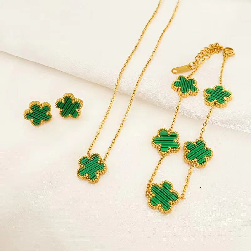 3 pieces stainless steel five-leaf necklace, bracelet, earrings - Kouttor Soliman
