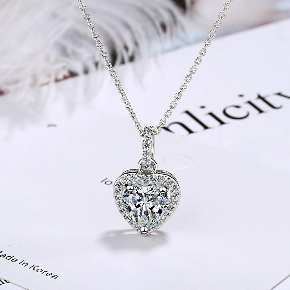 925 Sterling Silver Zircon Heart Pendant Necklaces