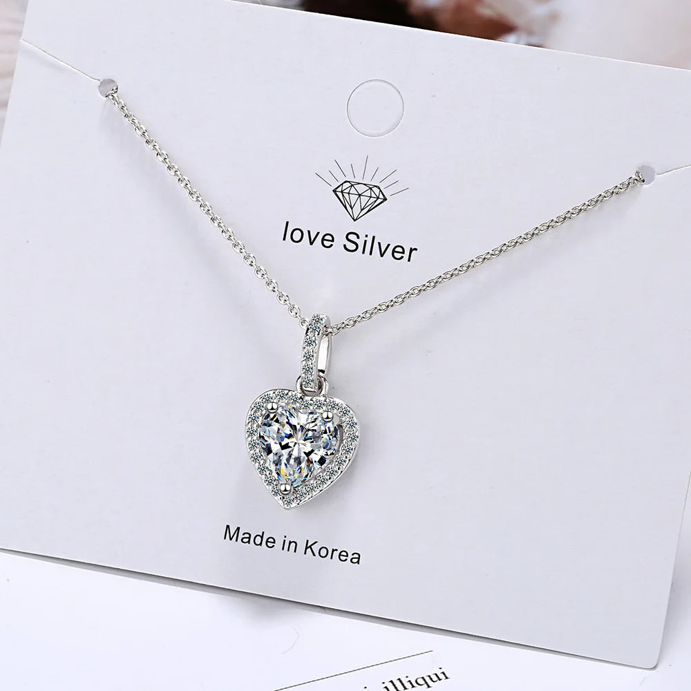 925 Sterling Silver Zircon Heart Pendant Necklaces