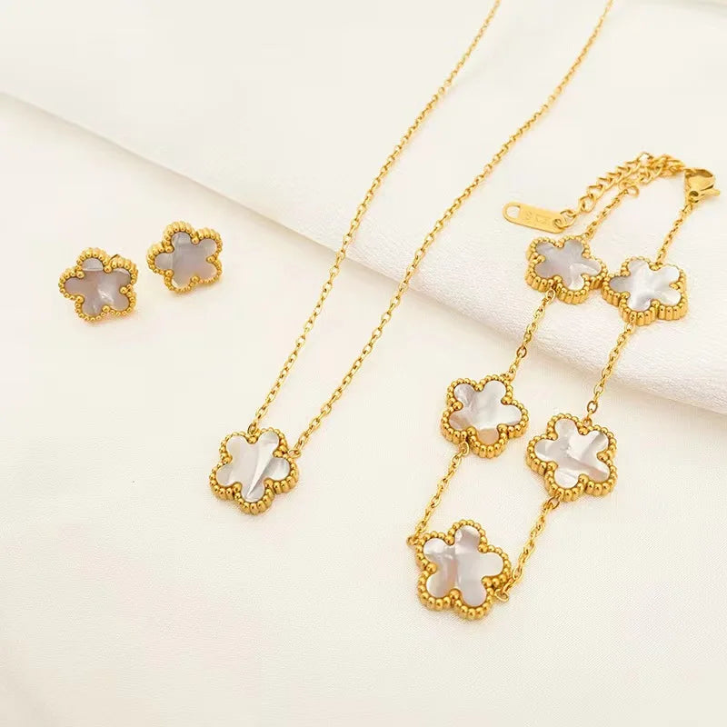 3 pieces stainless steel five-leaf necklace, bracelet, earrings - Kouttor Soliman